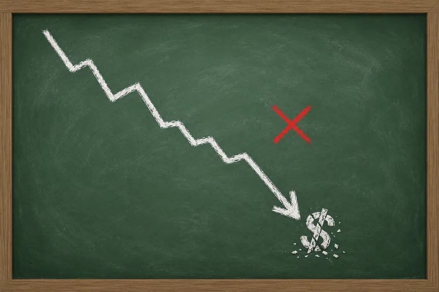 Declining chart crashing into a broken dollar sign