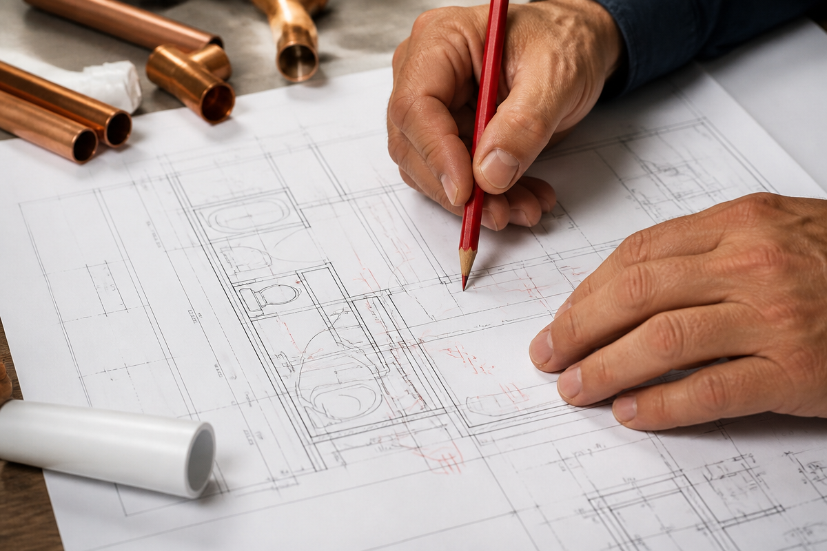 Marked-up plumbing drawings during the estimating process